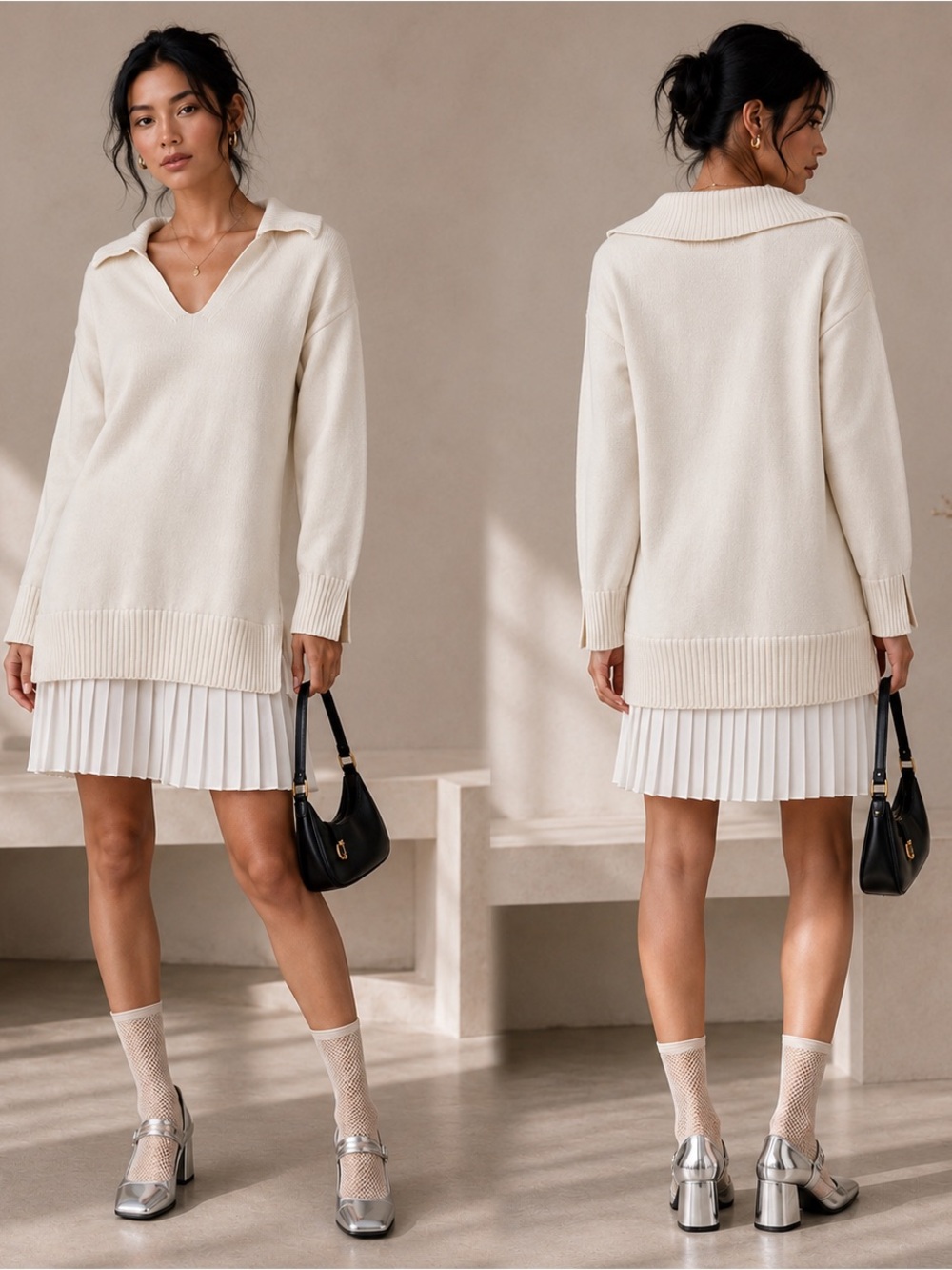 English Factory Mixed Media Pleated Sweater Mini Dress Cream Small